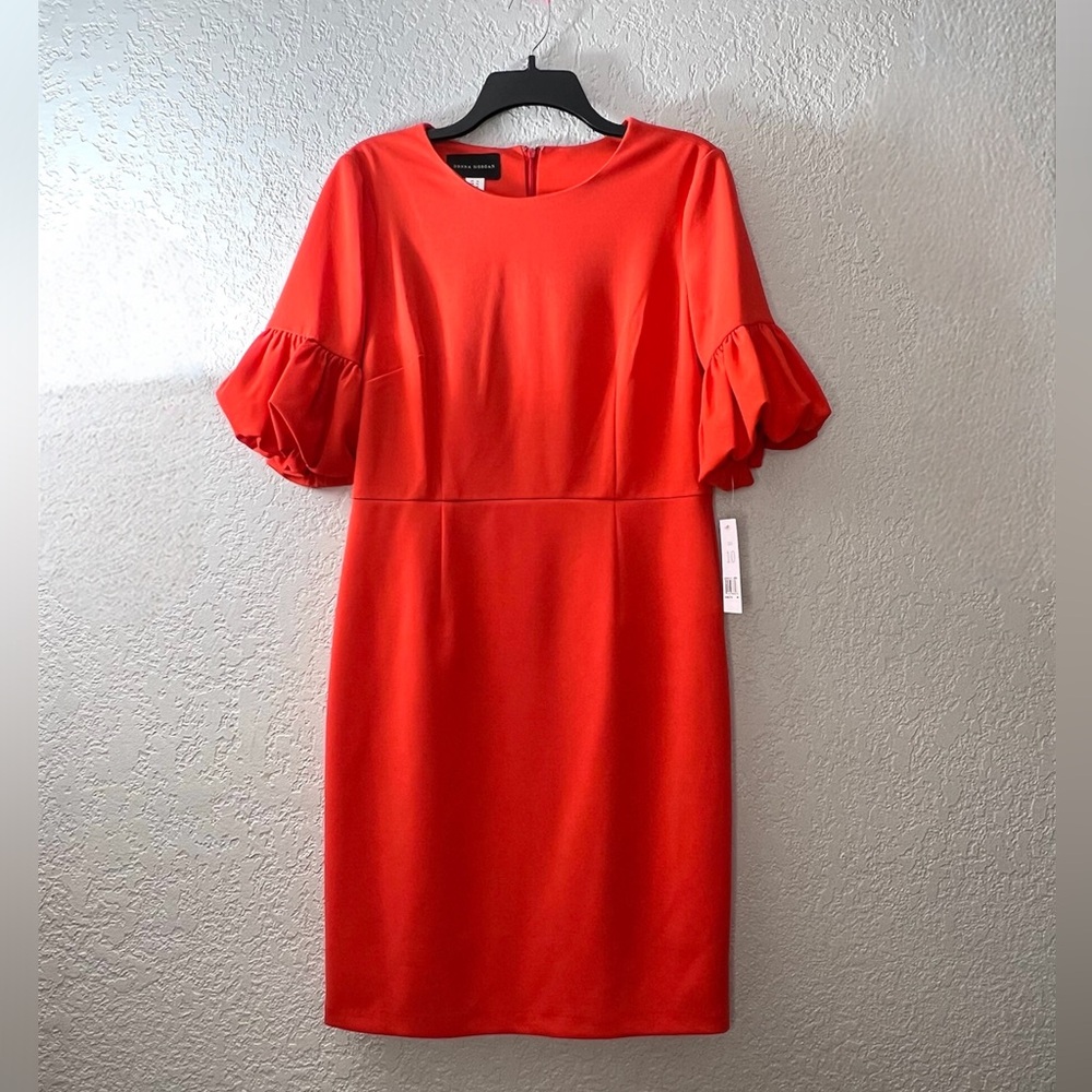 Donna Morgan Red Shift Dress Puff Sleeve Knee Length Elegant Work Cocktail 10 - Picture 2 of 9